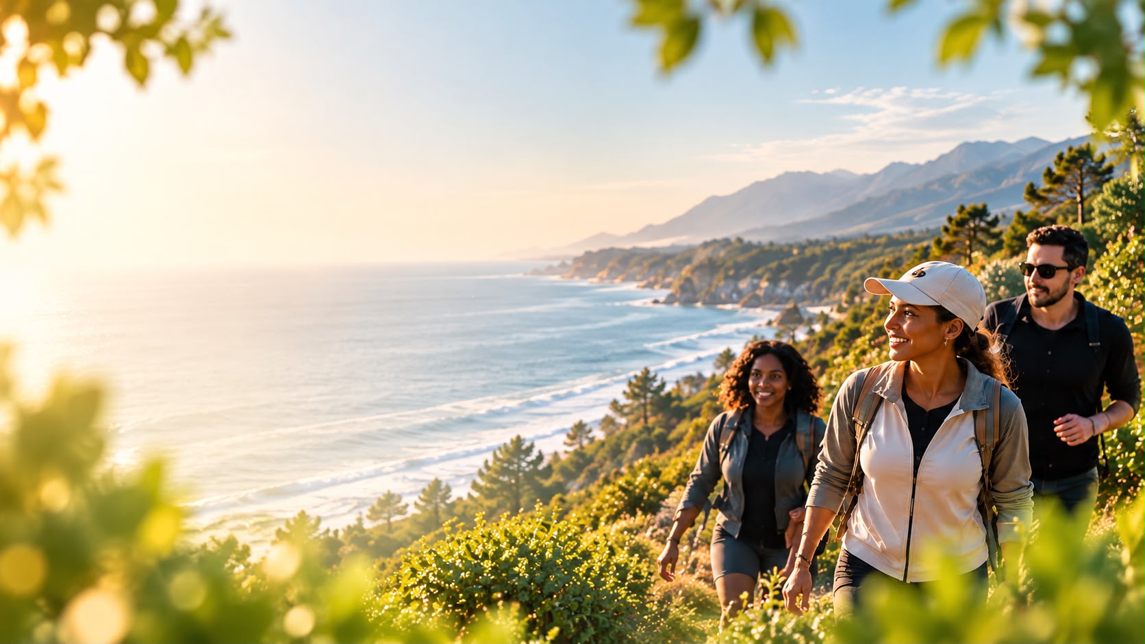 Friends hiking along a sunlit coastal trail